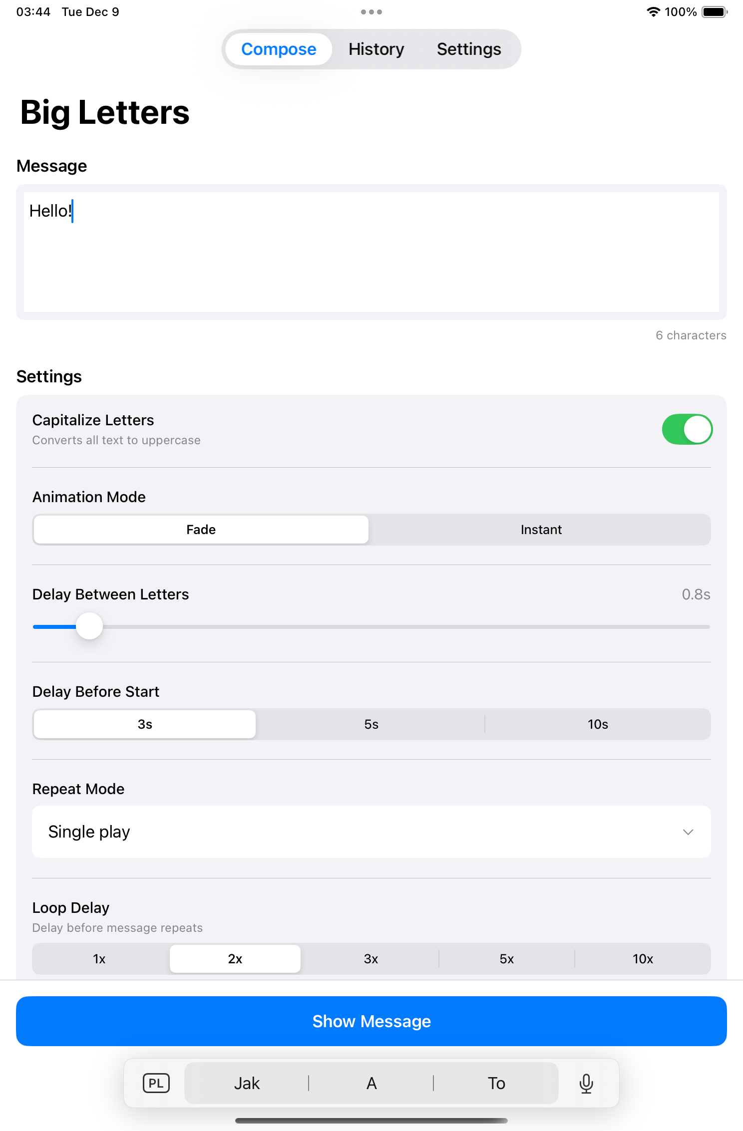 Big Letters app showing large text display on iPad
