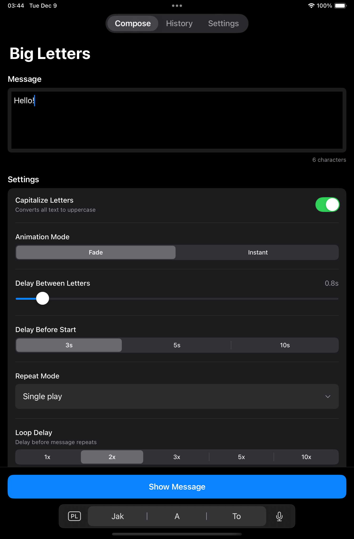 Big Letters theme selection screen