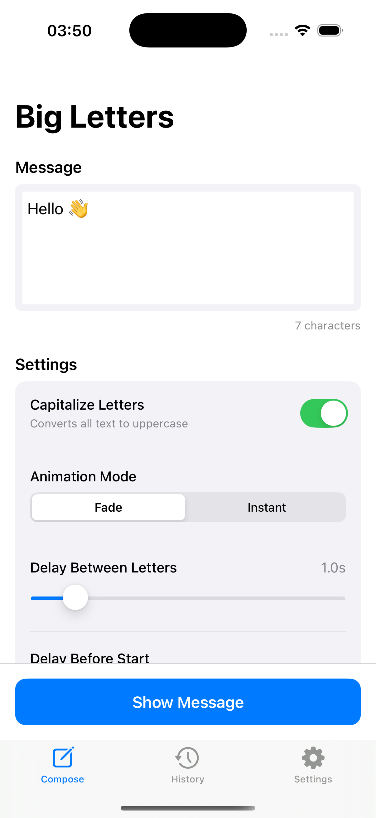 Big Letters composition screen with settings